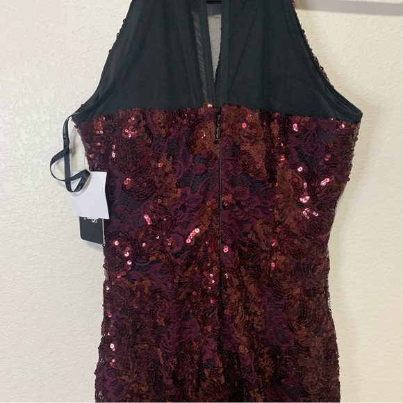 Sequined Lace and Mesh Bodycon Dress in Maroon - Picture 7 of 10